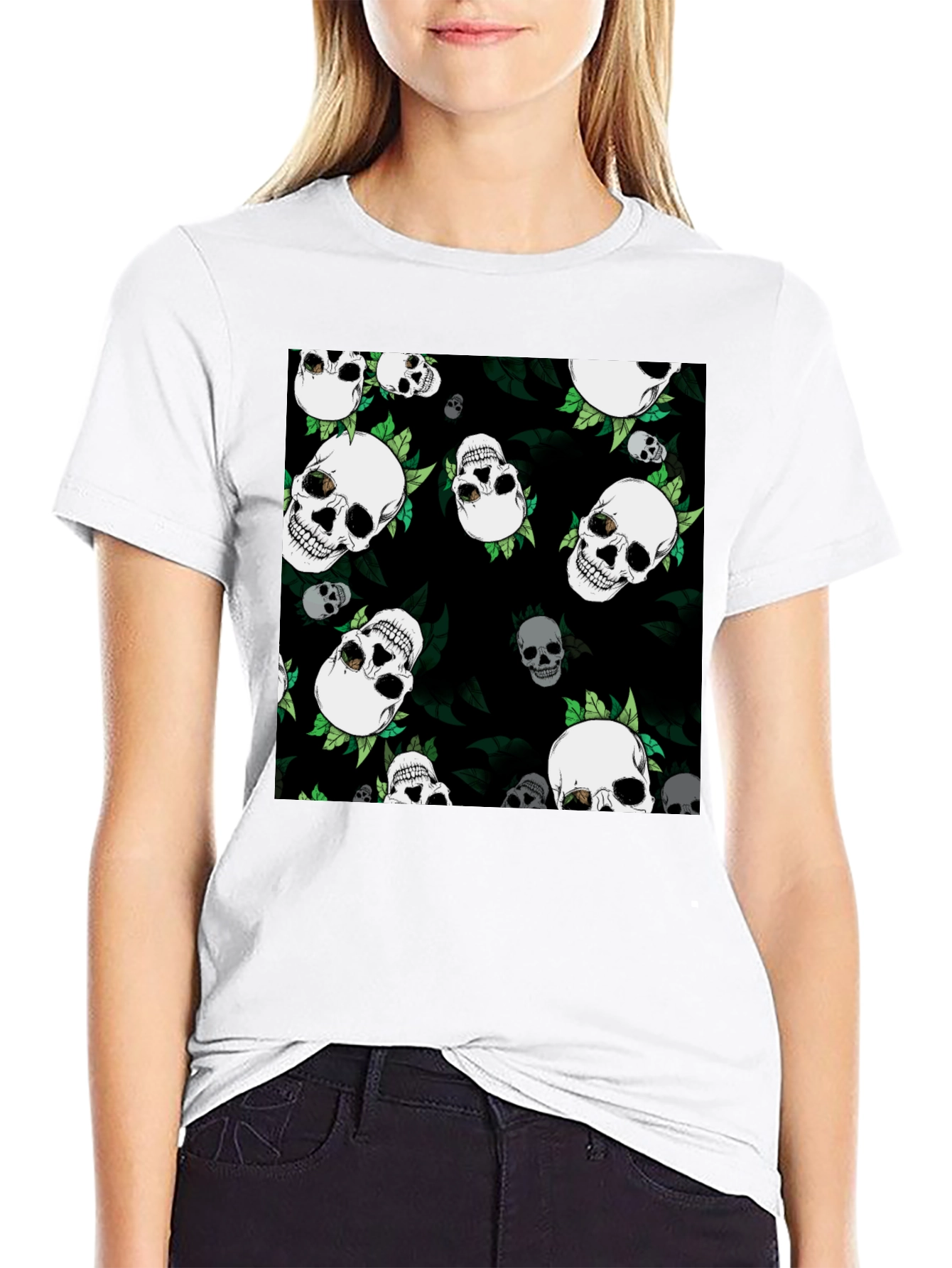 Skull & Leaf Print Black Tee
