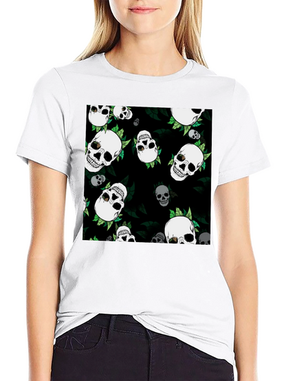 Skull & Leaf Print Black Tee