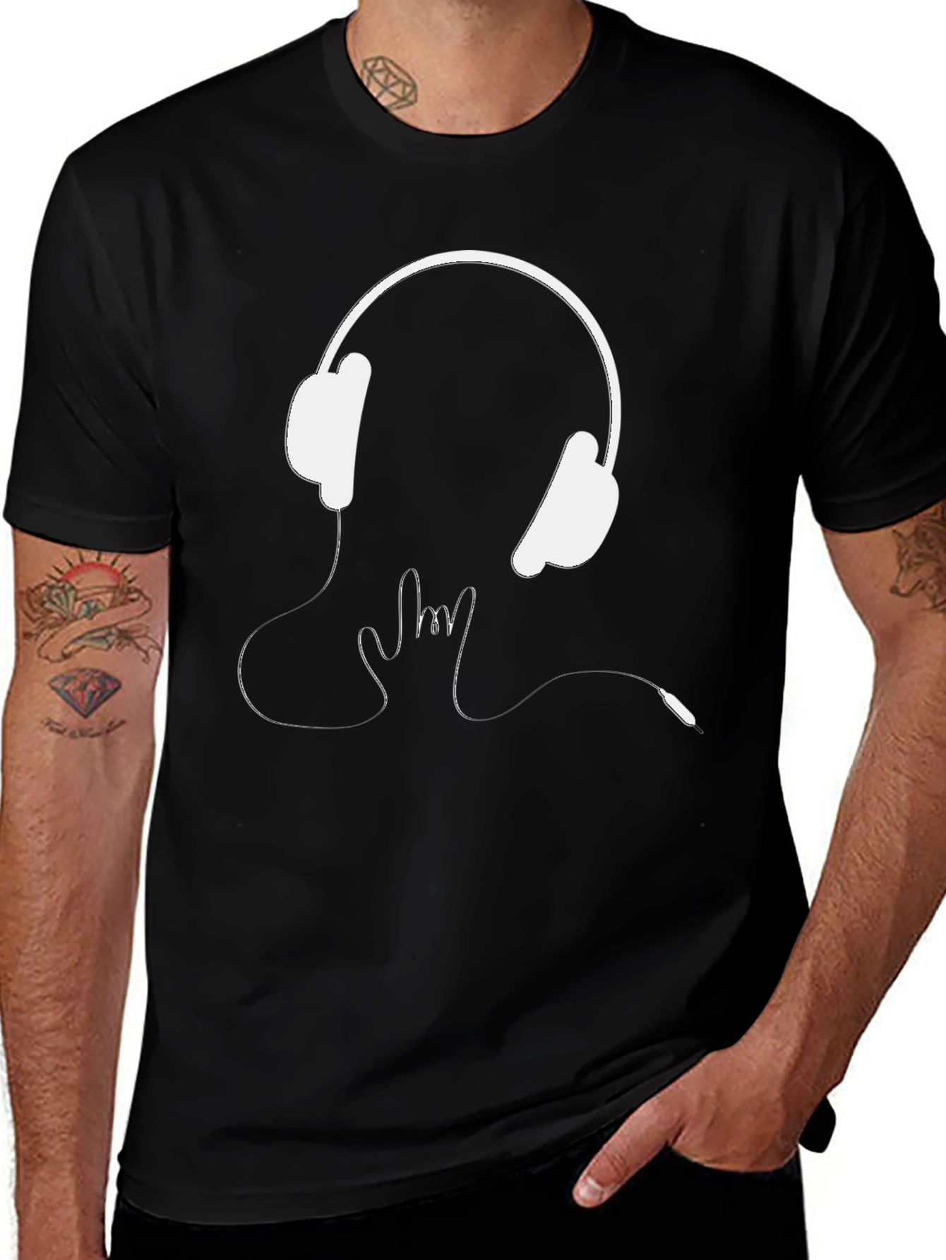 Headphones Rock On Graphic Tee - Black Cotton T-Shirt