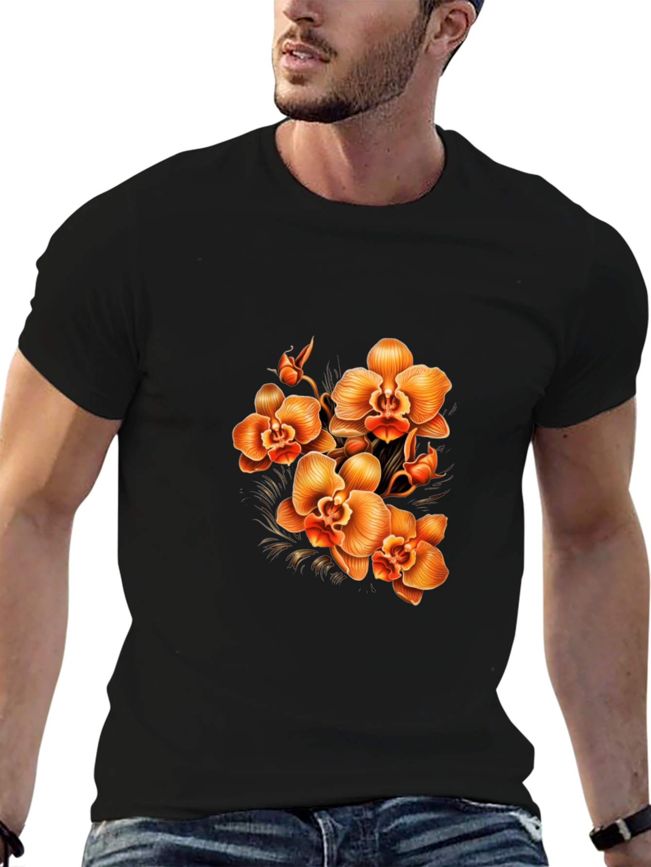 Orchid Floral Print Black T-Shirt
