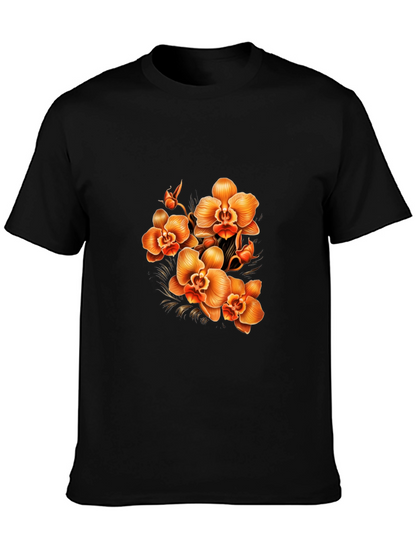 Orchid Floral Print Black T-Shirt