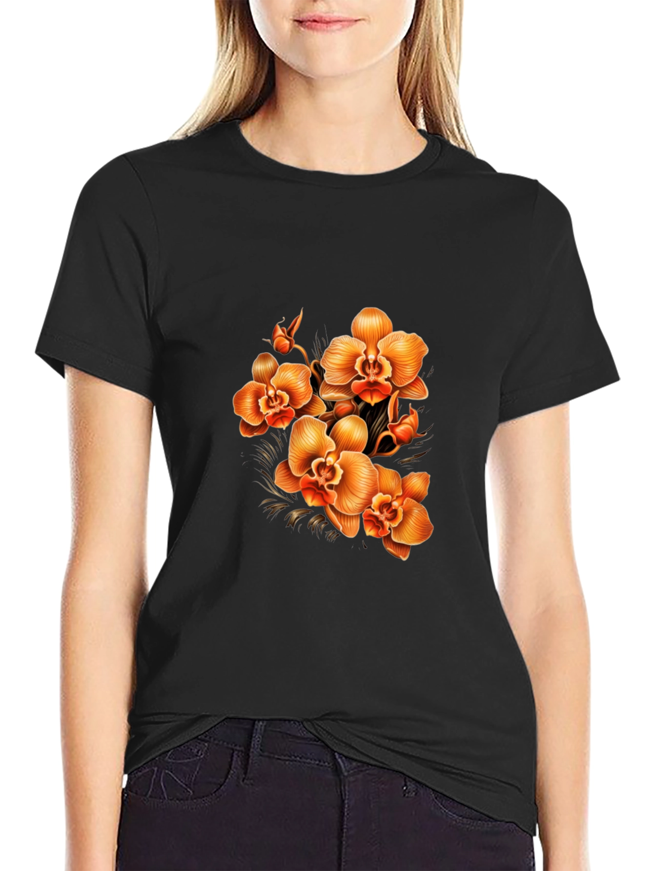 Orchid Floral Print Black T-Shirt