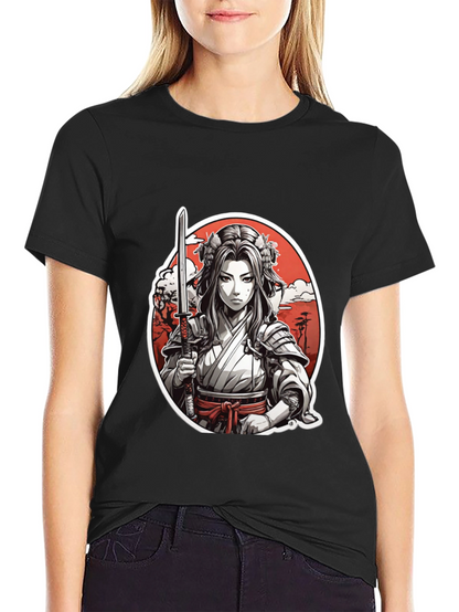 Samurai Girl Graphic Tee - Black Cotton T-Shirt