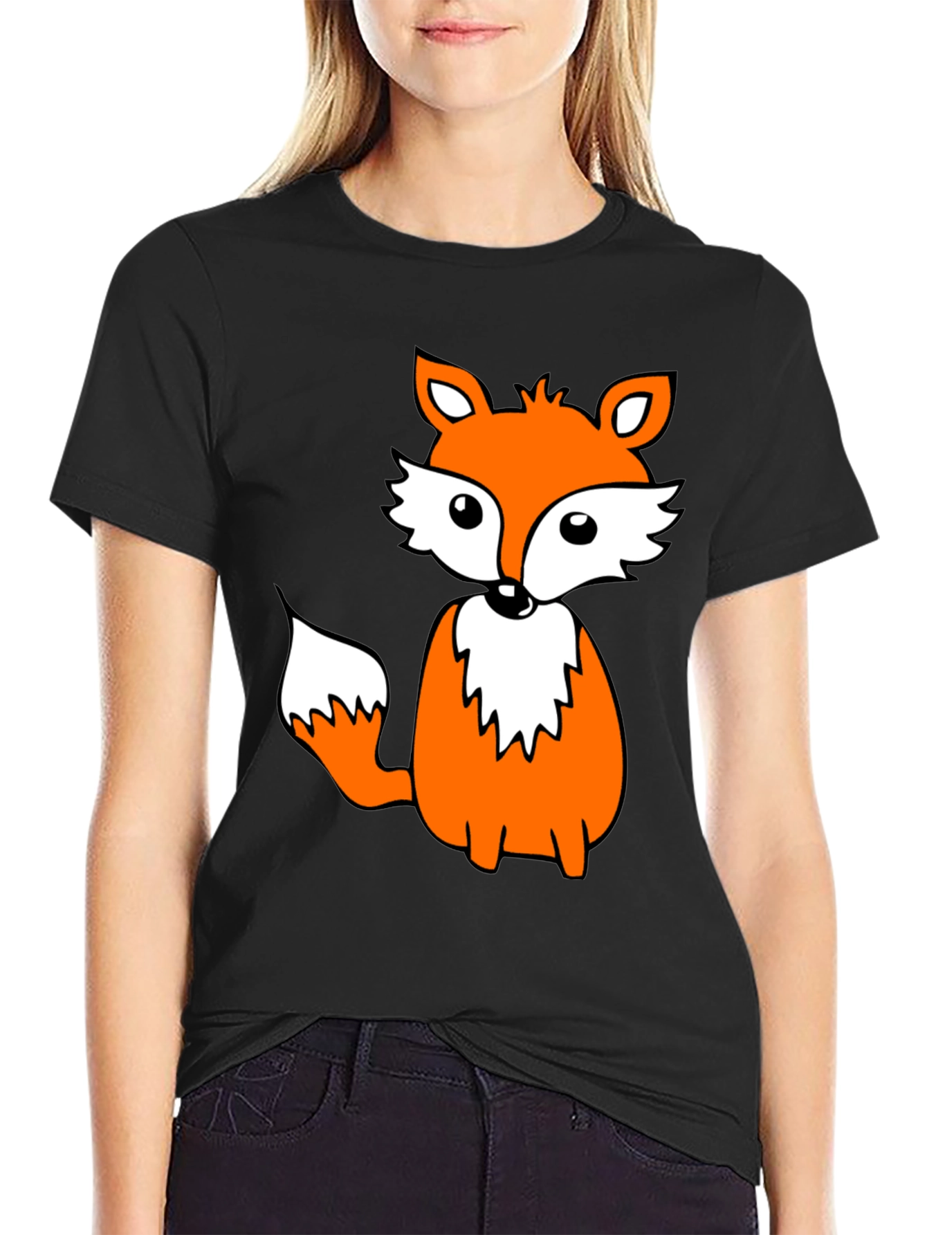 Cute Fox Graphic Tee - Black Cotton Blend Shirt