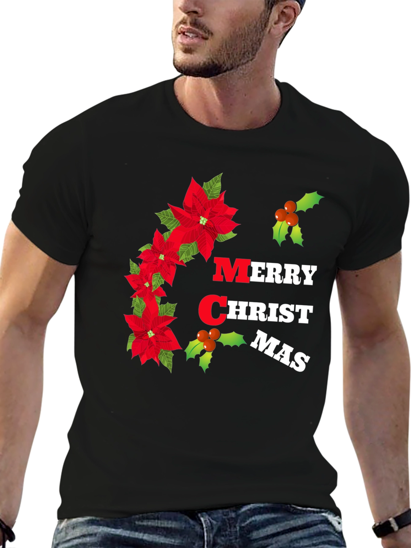 Merry Christmas Poinsettia Graphic T-Shirt