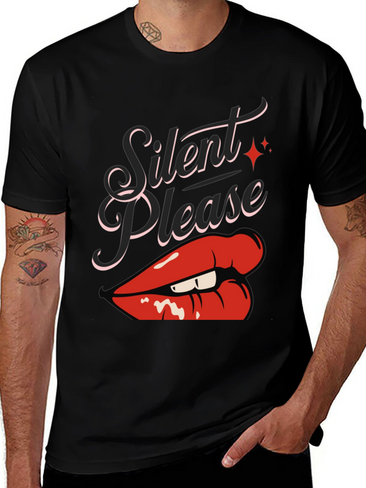 Silent Please Lip Print Graphic Tee - Black Cotton Casual T-Shirt