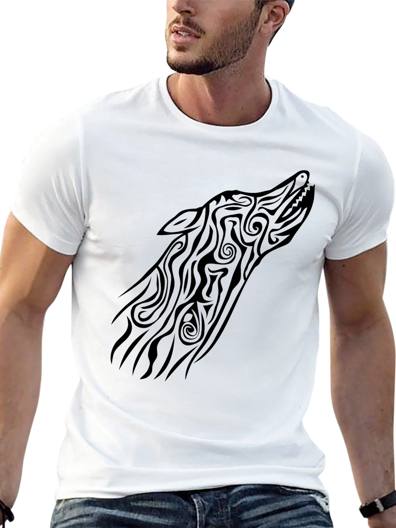 Tribal Wolf Head Graphic Tee - Black
