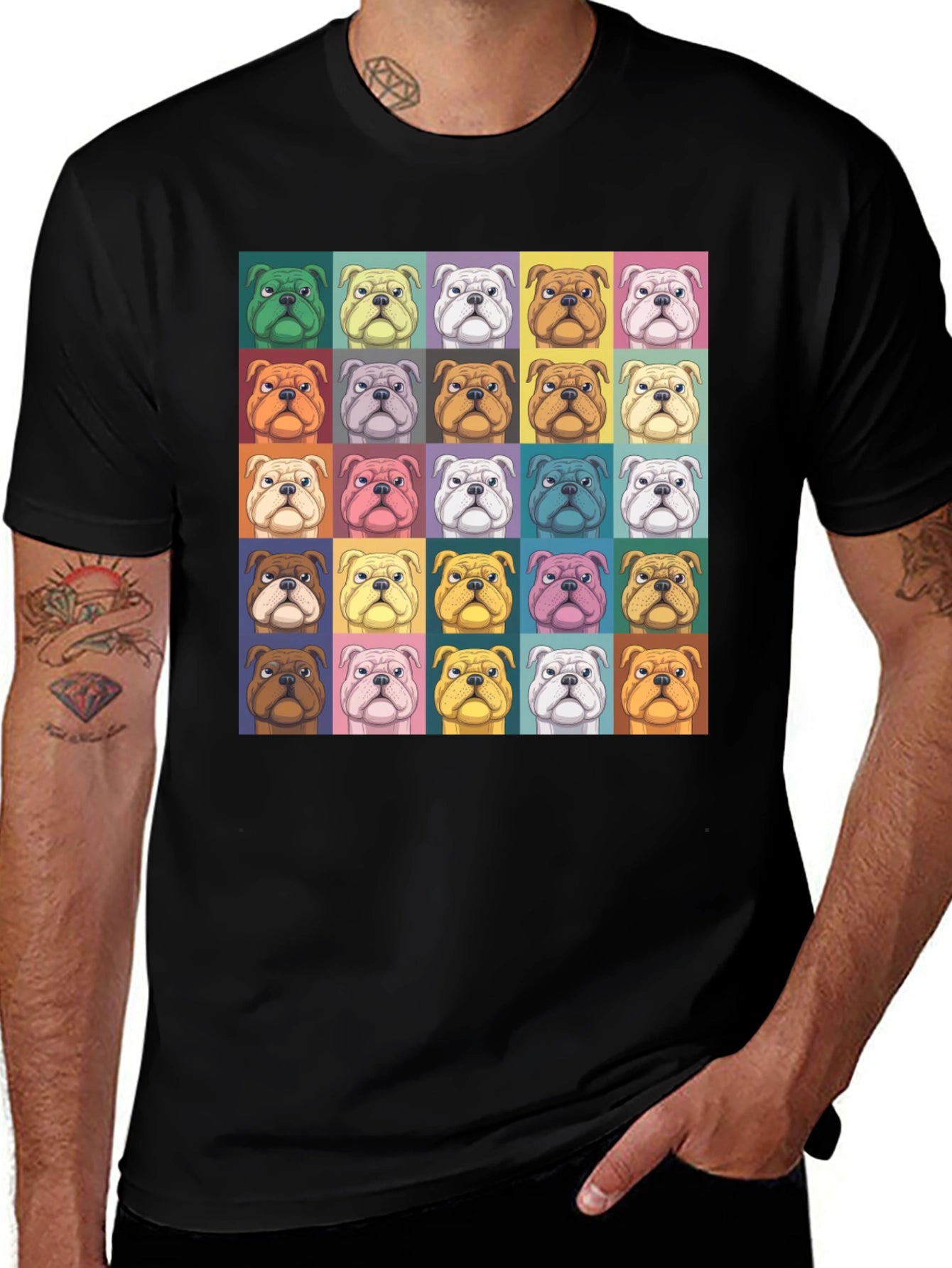 Pop Art Bulldog Print Black T-Shirt