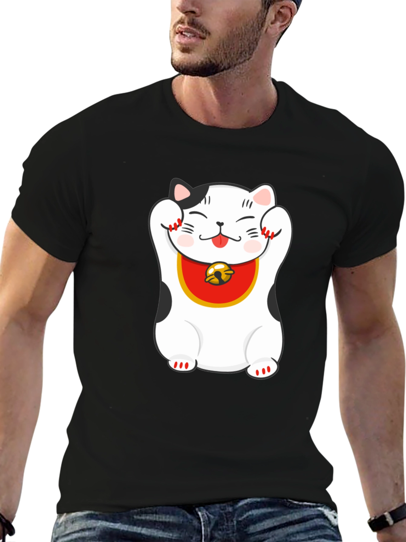 Lucky Cat Graphic Tee - Black Cotton Blend