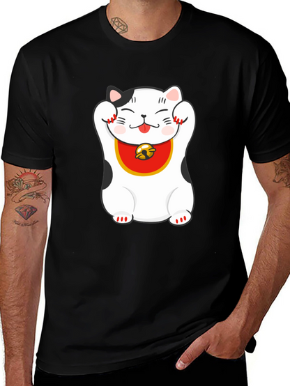 Lucky Cat Graphic Tee - Black Cotton Blend