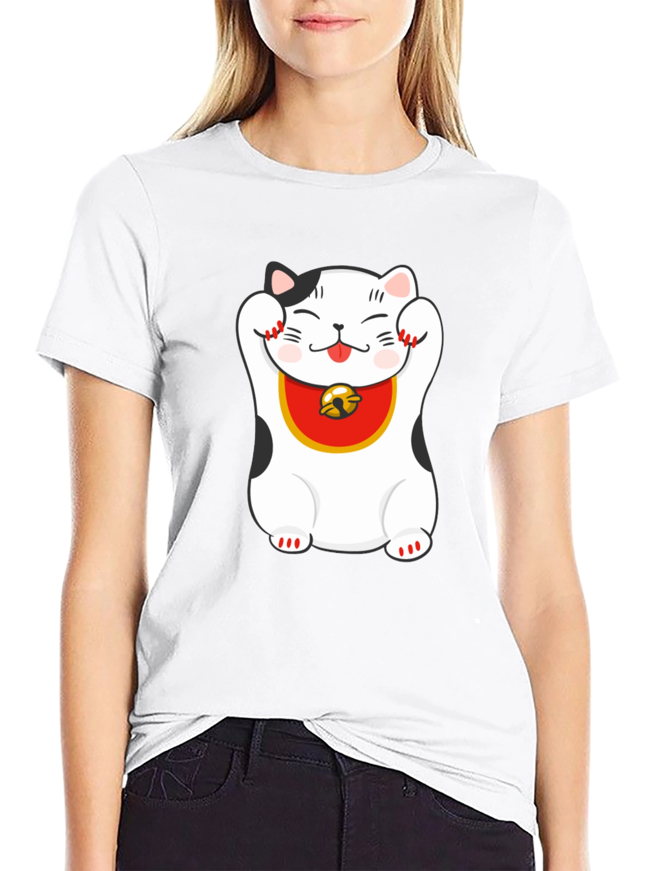 Lucky Cat Graphic Tee - Black Cotton Blend