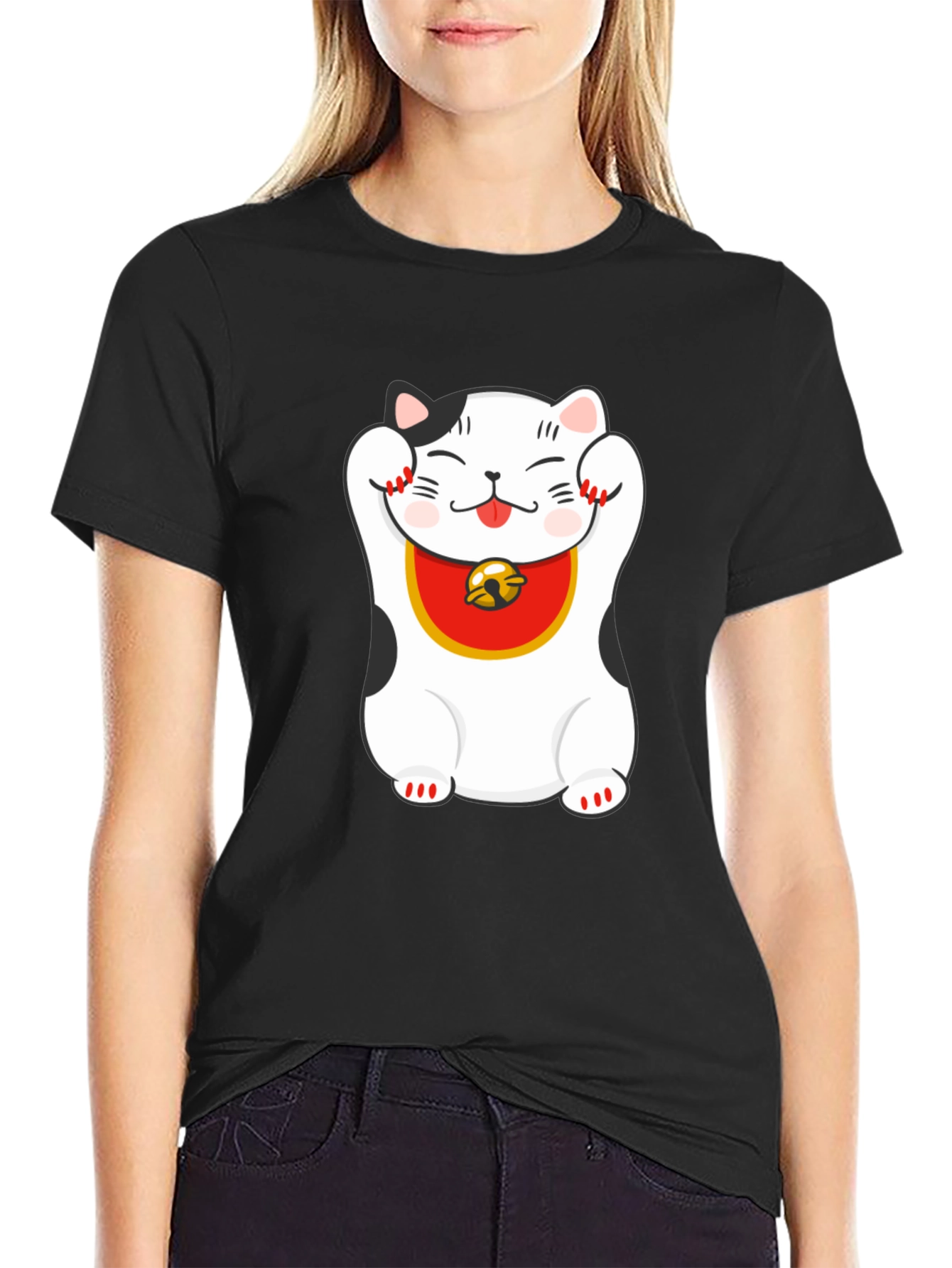 Lucky Cat Graphic Tee - Black Cotton Blend