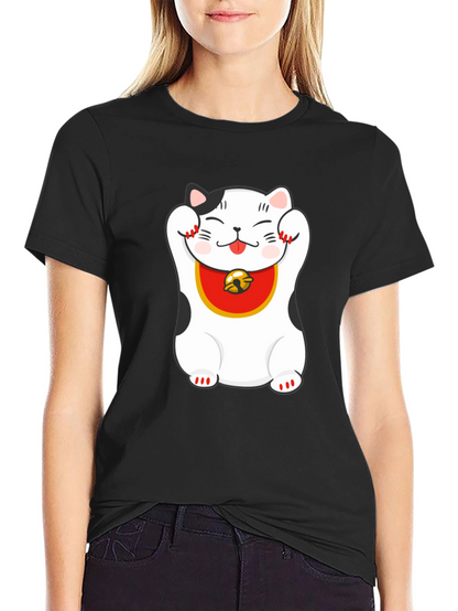 Lucky Cat Graphic Tee - Black Cotton Blend