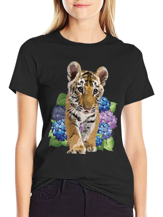 Tiger Cub & Hydrangea Graphic Tee - Soft Black Cotton Blend