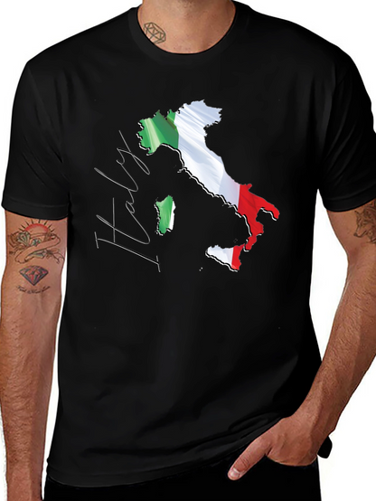 Italy Map Flag Graphic Tee - Black Casual T-Shirt