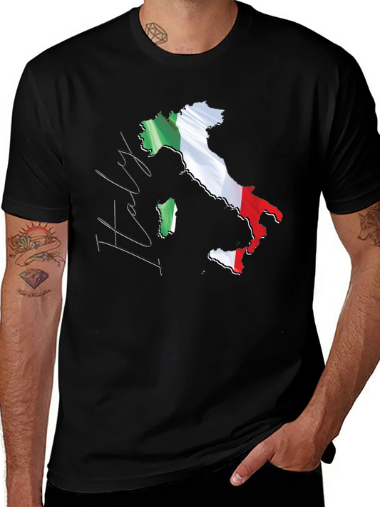 Italy Map Flag Graphic Tee - Black Casual T-Shirt