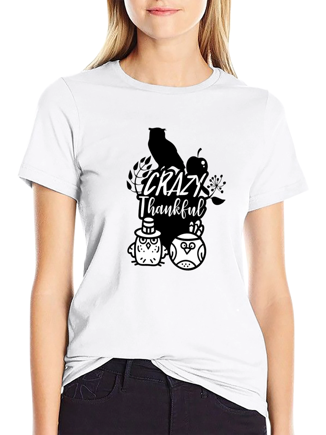 Crazy Thankful Owl Graphic Black T-Shirt
