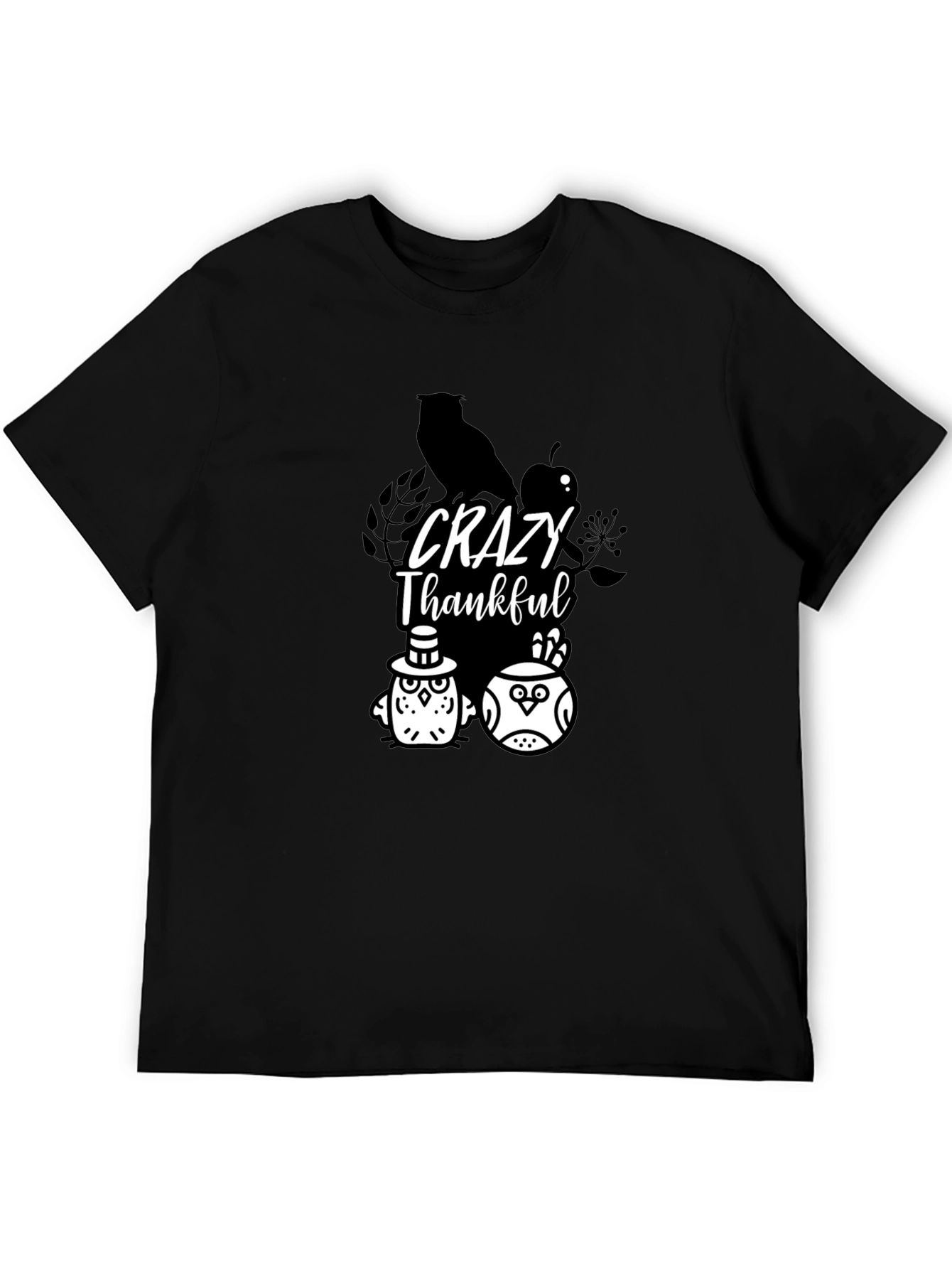 Crazy Thankful Owl Graphic Black T-Shirt