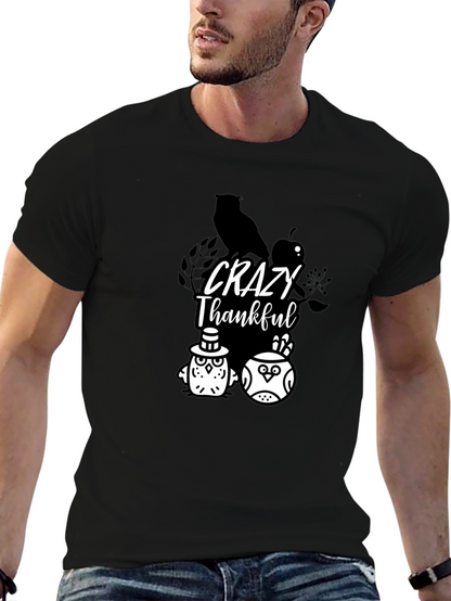 Crazy Thankful Owl Graphic Black T-Shirt
