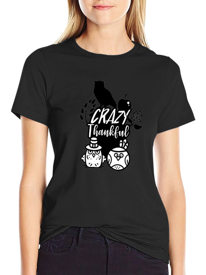 Crazy Thankful Owl Graphic Black T-Shirt