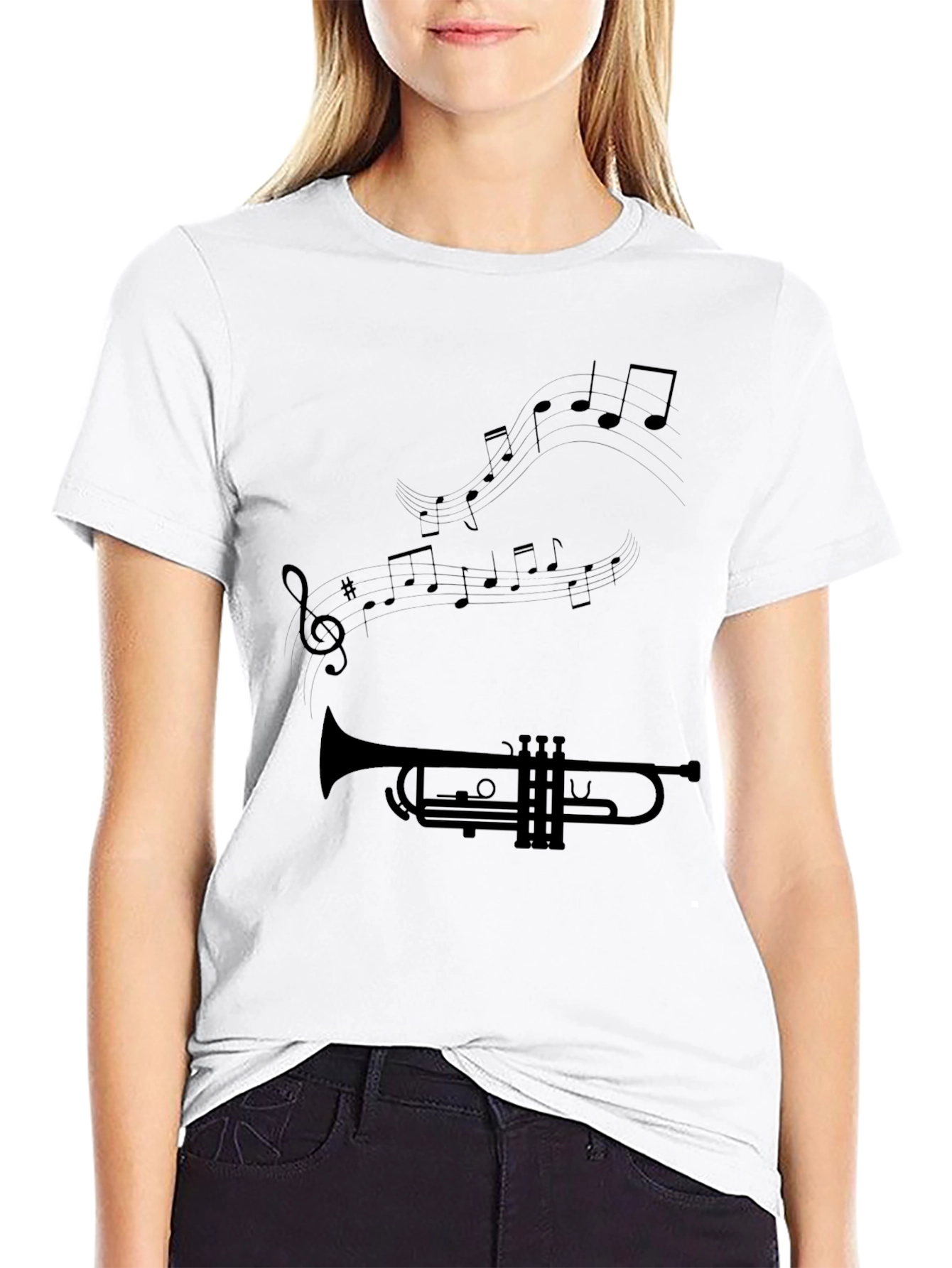 Trumpet & Music Note Graphic Black T-Shirt