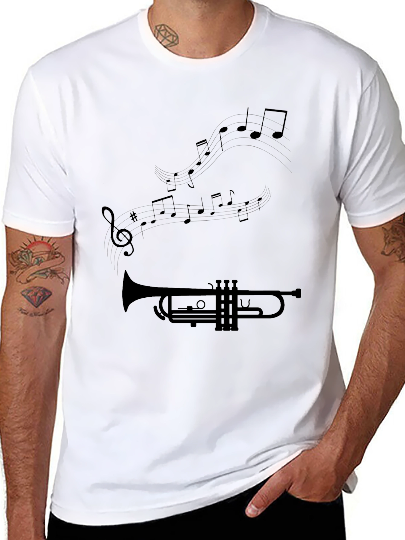 Trumpet & Music Note Graphic Black T-Shirt