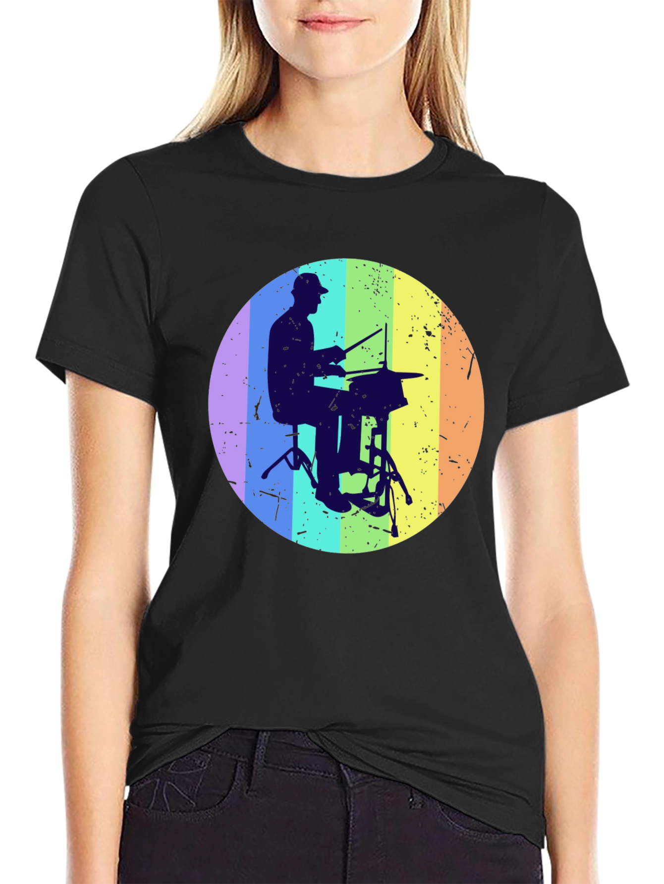 Drummer Silhouette Graphic Tee - Rainbow Circle Design
