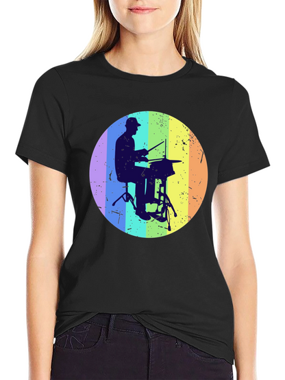 Drummer Silhouette Graphic Tee - Rainbow Circle Design