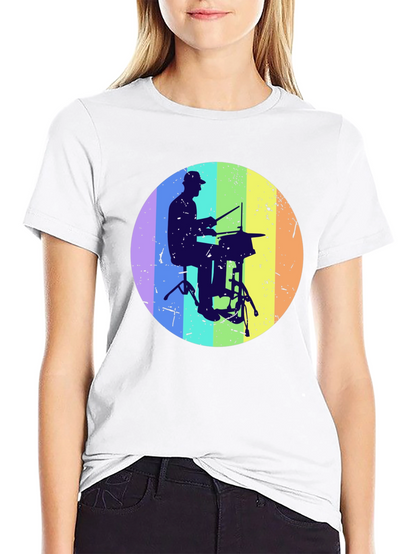 Drummer Silhouette Graphic Tee - Rainbow Circle Design