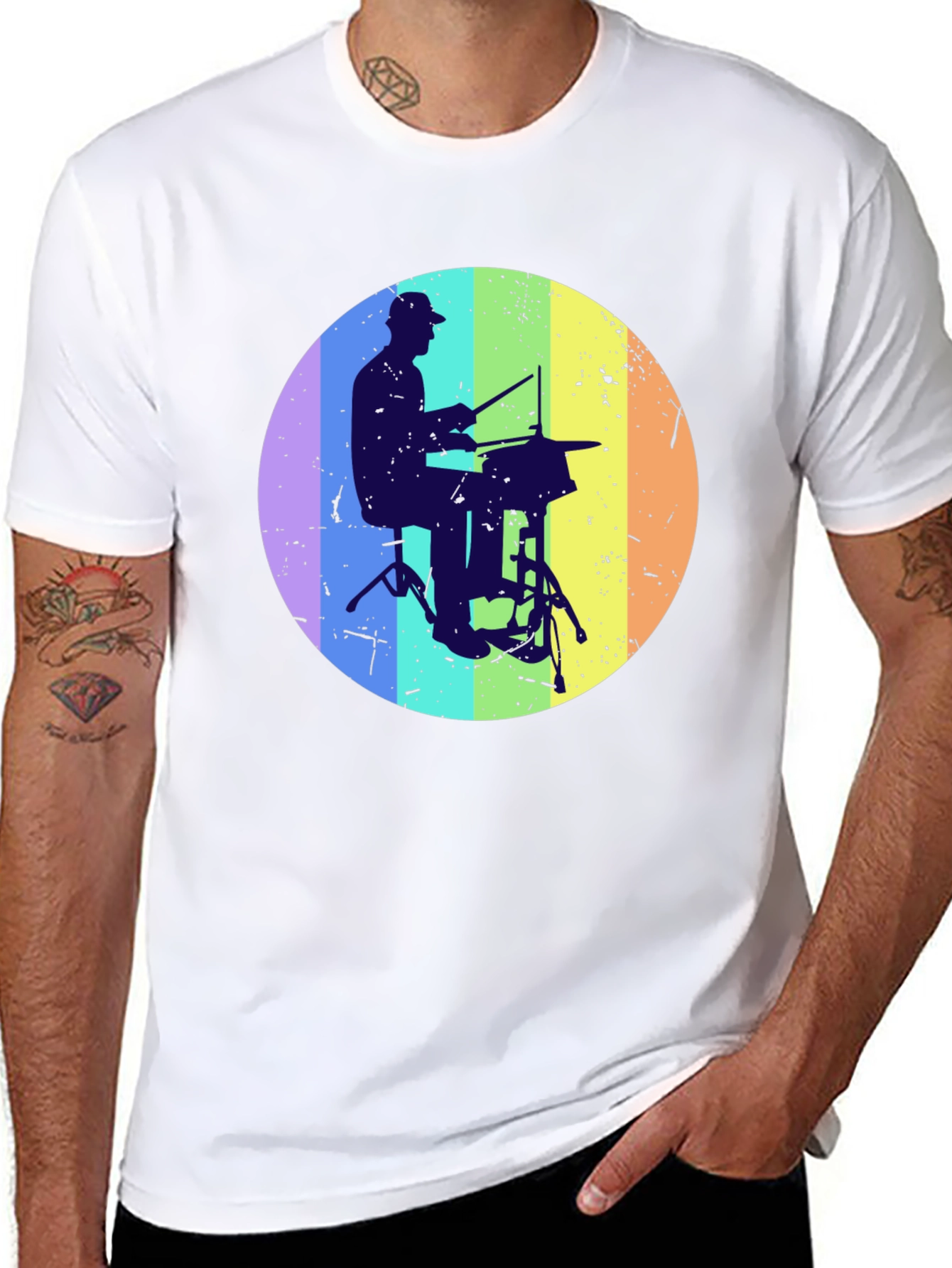 Drummer Silhouette Graphic Tee - Rainbow Circle Design