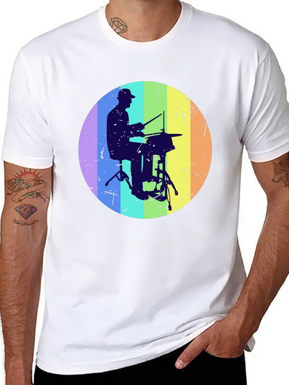 Drummer Silhouette Graphic Tee - Rainbow Circle Design