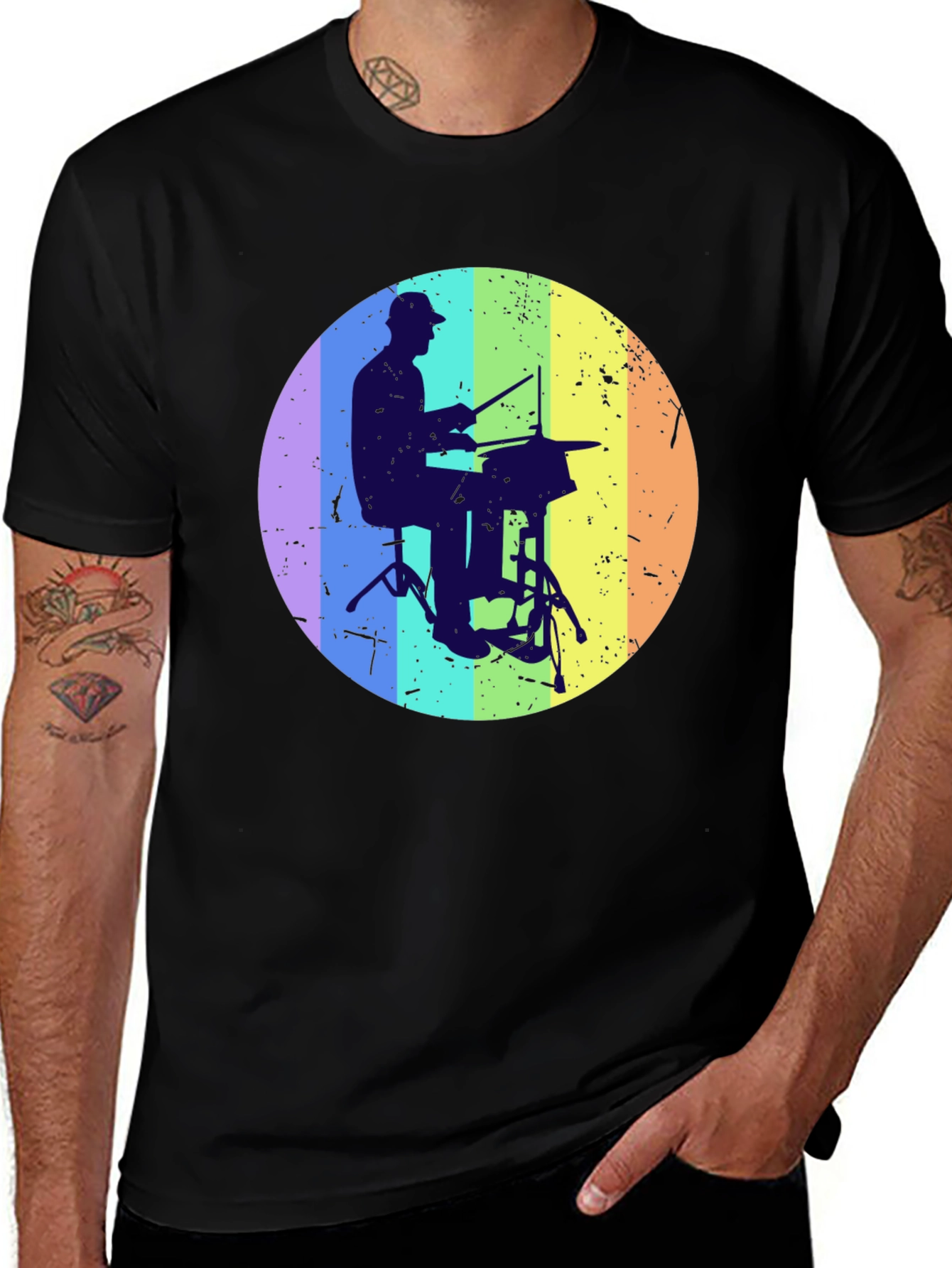 Drummer Silhouette Graphic Tee - Rainbow Circle Design