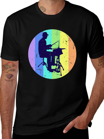 Drummer Silhouette Graphic Tee - Rainbow Circle Design