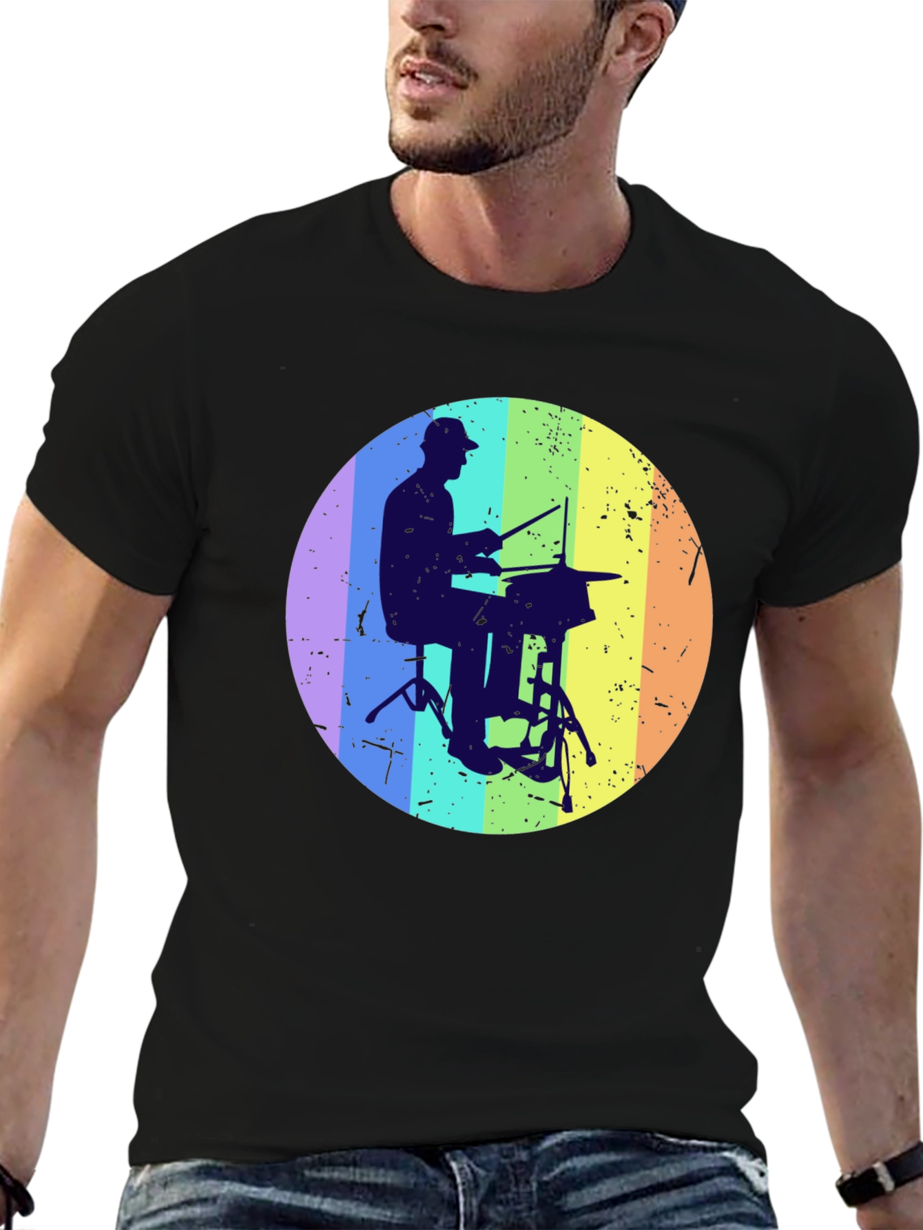 Drummer Silhouette Graphic Tee - Rainbow Circle Design