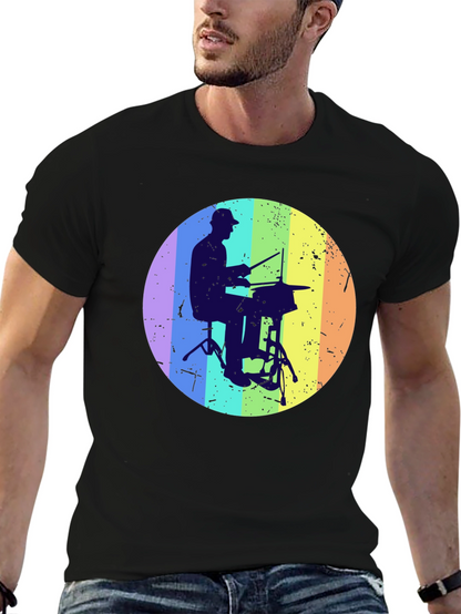 Drummer Silhouette Graphic Tee - Rainbow Circle Design