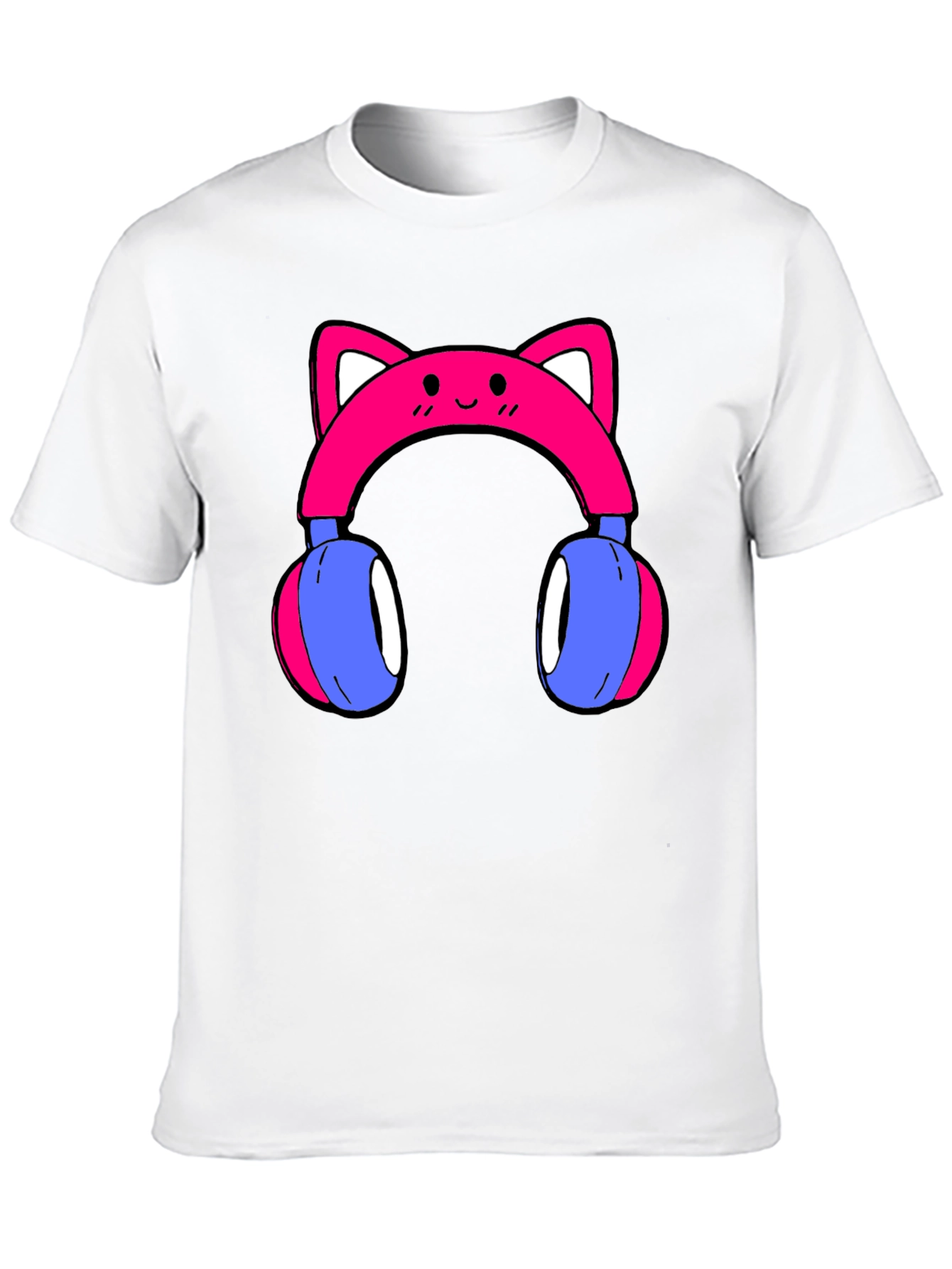Cute Cat Ear Headphones Graphic Tee - Black