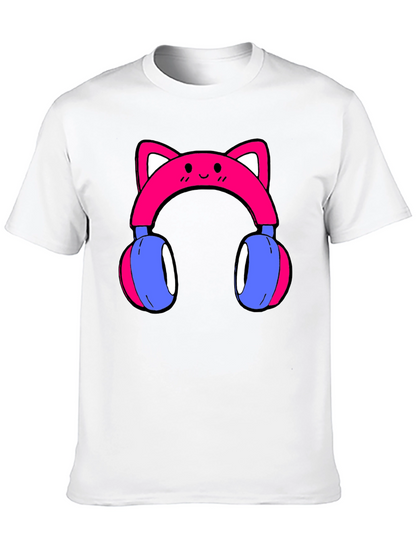 Cute Cat Ear Headphones Graphic Tee - Black