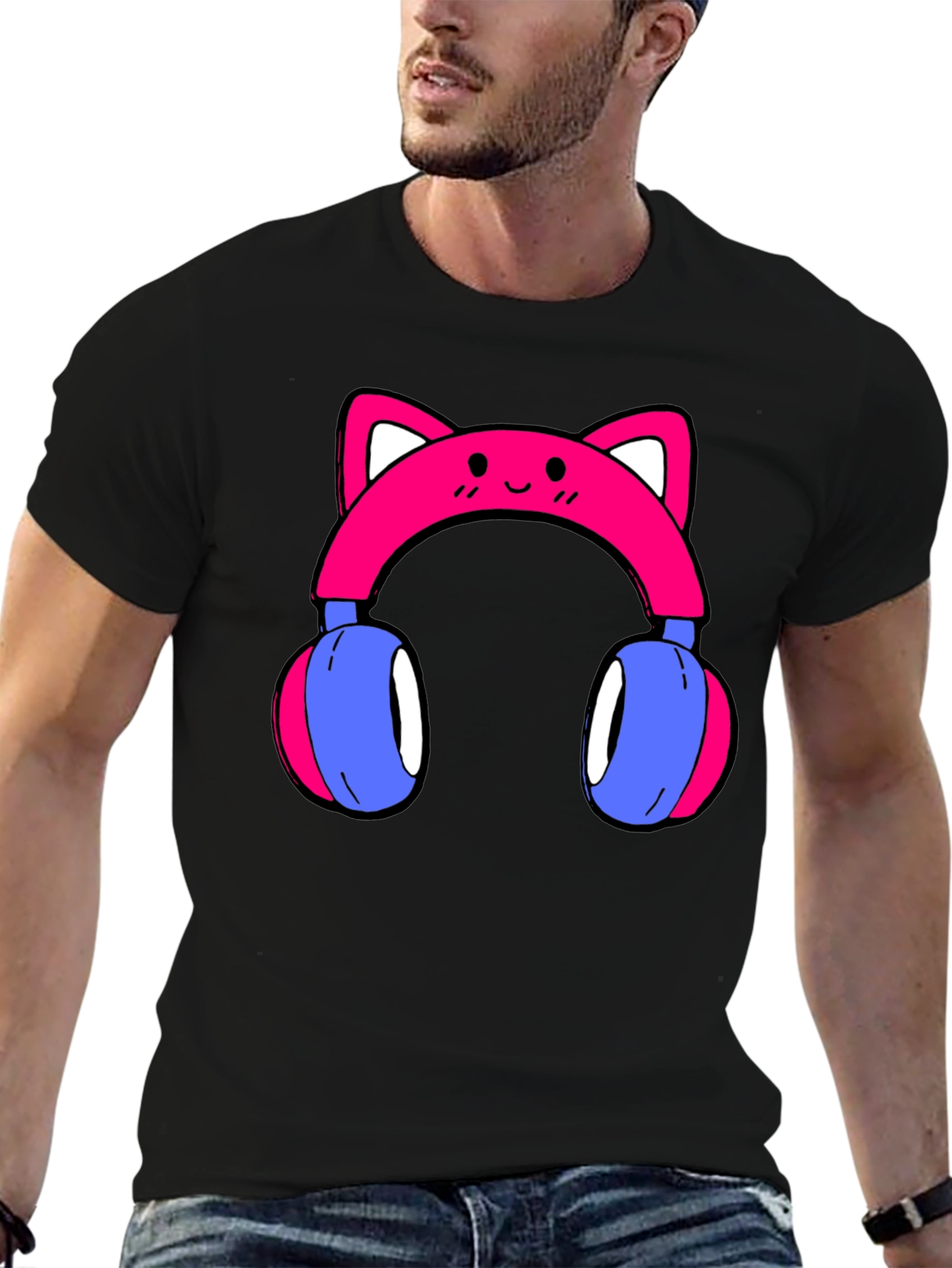 Cute Cat Ear Headphones Graphic Tee - Black