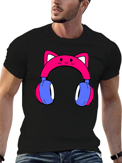 Cute Cat Ear Headphones Graphic Tee - Black