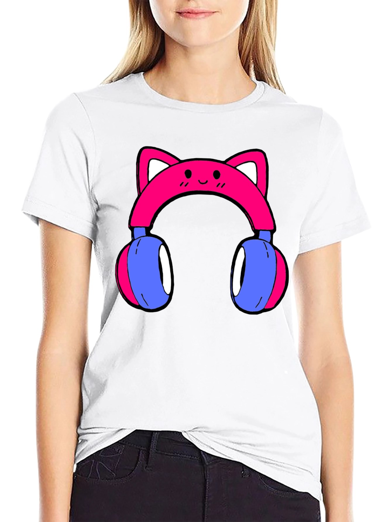 Cute Cat Ear Headphones Graphic Tee - Black