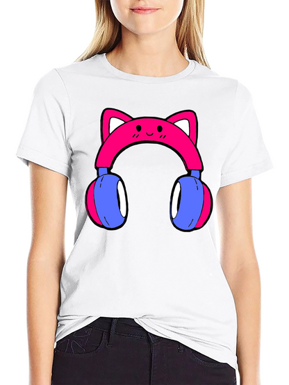 Cute Cat Ear Headphones Graphic Tee - Black