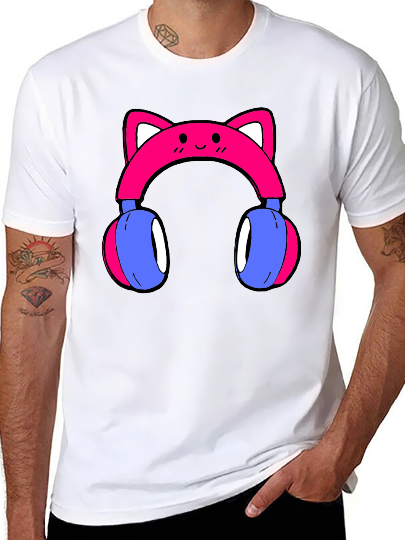 Cute Cat Ear Headphones Graphic Tee - Black