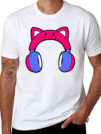 Cute Cat Ear Headphones Graphic Tee - Black