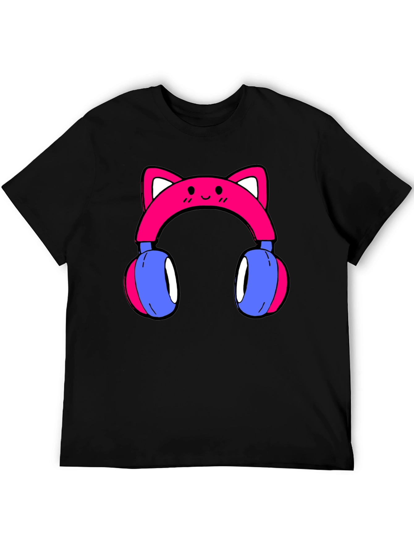 Cute Cat Ear Headphones Graphic Tee - Black