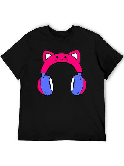 Cute Cat Ear Headphones Graphic Tee - Black