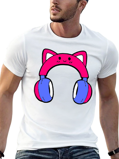 Cute Cat Ear Headphones Graphic Tee - Black