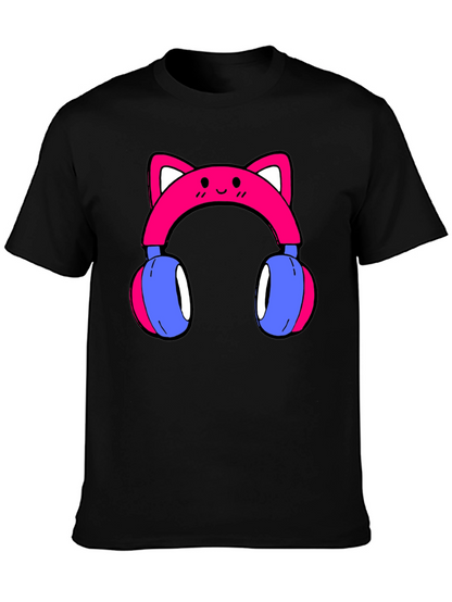 Cute Cat Ear Headphones Graphic Tee - Black