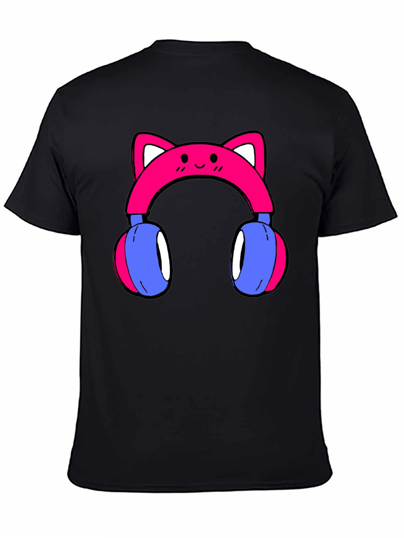 Cute Cat Ear Headphones Graphic Tee - Black