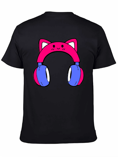 Cute Cat Ear Headphones Graphic Tee - Black
