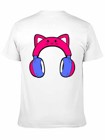 Cute Cat Ear Headphones Graphic Tee - Black
